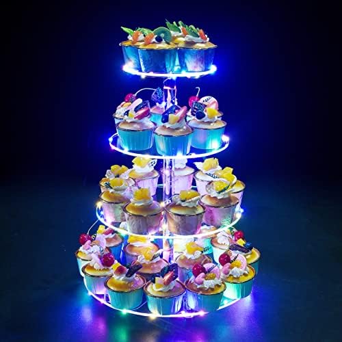 Cupcake Stand, 4-Tier Round Cupcake Holder with LED light String, Acrylic Cupcake Tower Display-Dessert