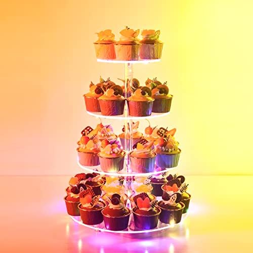 Cupcake Stand, 4-Tier Round Cupcake Holder with LED light String, Acrylic Cupcake Tower Display-Dessert, alternate view 2