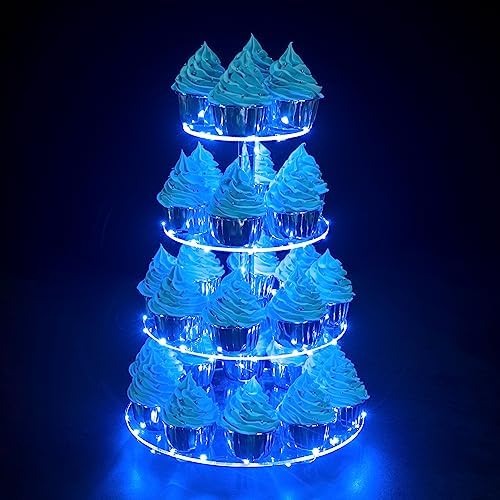 Cupcake Stand, 4-Tier Round Cupcake Holder with LED light String, Acrylic Cupcake Tower Display for Wedding
