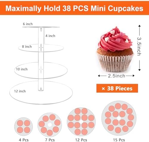 Cupcake Stand, 4 Tier, Round Tiered Cupcake Tower, Clear Acrylic Cupcake Holder, Dessert Stands for Party, alternate view 3