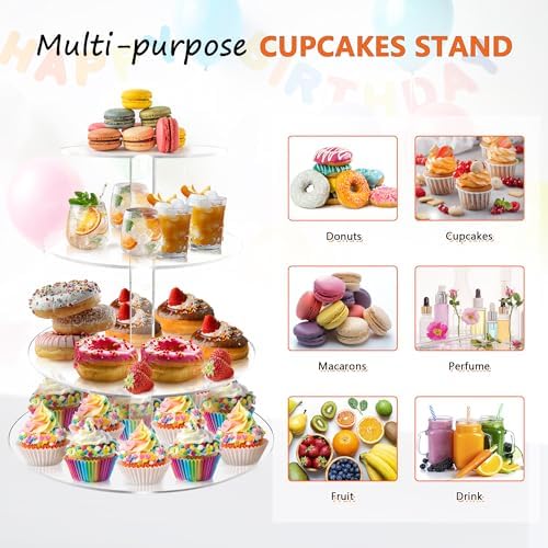 Cupcake Stand, 4 Tier, Round Tiered Cupcake Tower, Clear Acrylic Cupcake Holder, Dessert Stands for Party, alternate view 7