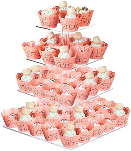 Cupcake Stand, 4 Tier Square Acrylic Cupcake Display Stand Holder, Clear Dessert Pastry Tower for Wedding
