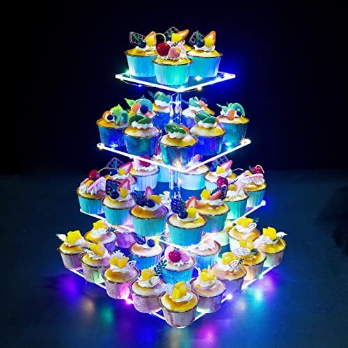 Cupcake Stand, 4-Tier Square Cupcake Holder with LED light String, Acrylic Cupcake Tower Display-Dessert