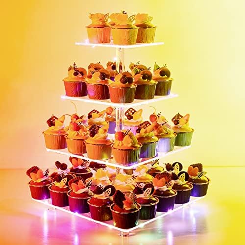 Cupcake Stand, 4-Tier Square Cupcake Holder with LED light String, Acrylic Cupcake Tower Display-Dessert, alternate view 4