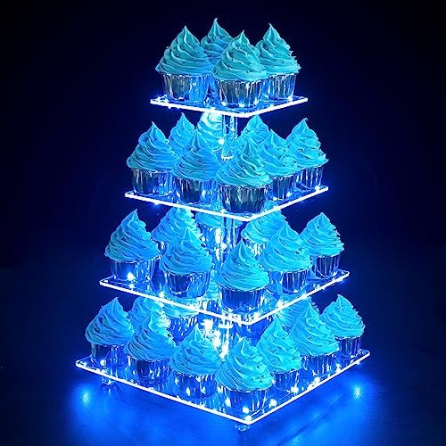 Cupcake Stand, 4-Tier Square Cupcake Holder with LED light String, Acrylic Cupcake Tower Display-Dessert