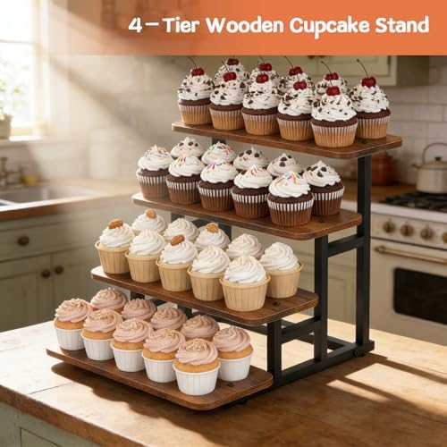 Cupcake Stand, 4 Tier Wood Display Stand for 50 Cupcakes, 2 Pack in Rustic Brown, alternate view 2