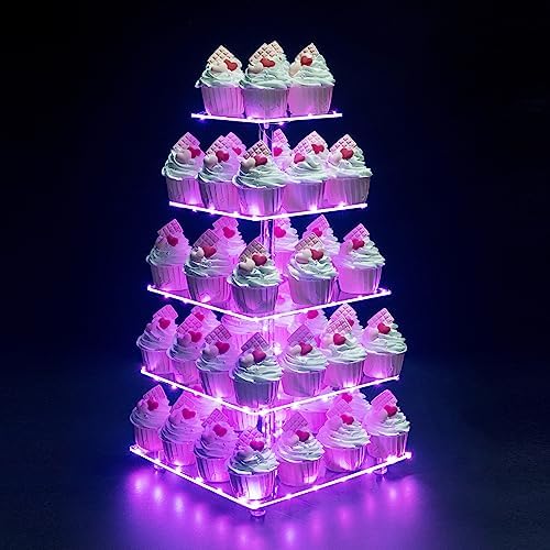 Cupcake Stand, 5-Tier Square Cupcake Holder with LED Light String, Acrylic Cupcake Tower Display-Dessert