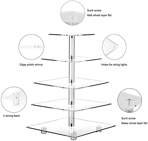 Cupcake Stand, 5-Tier Square Cupcake Holder with LED Light String, Acrylic Cupcake Tower Display-Dessert, alternate view 5
