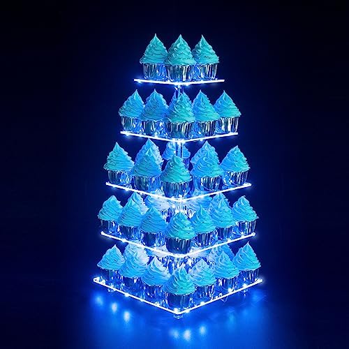 Cupcake Stand, 5-Tier Square Cupcake Holder with LED Light String, Acrylic Cupcake Tower Display-Dessert