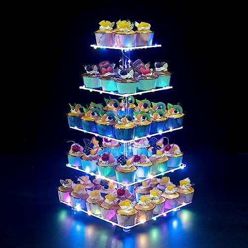 Cupcake Stand, 5-Tier Square Cupcake Holder with LED Light String, Acrylic Cupcake Tower Display-Dessert