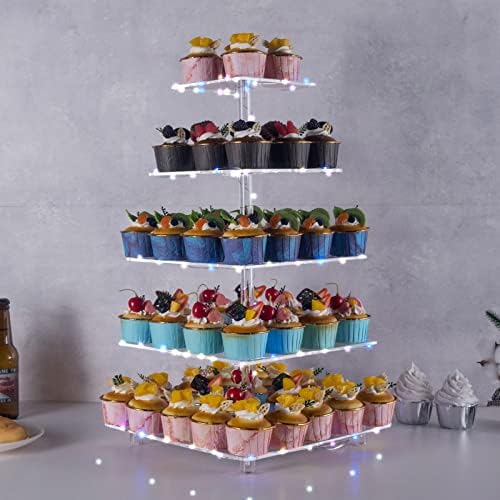 Cupcake Stand, 5-Tier Square Cupcake Holder with LED Light String, Acrylic Cupcake Tower Display-Dessert, alternate view 2