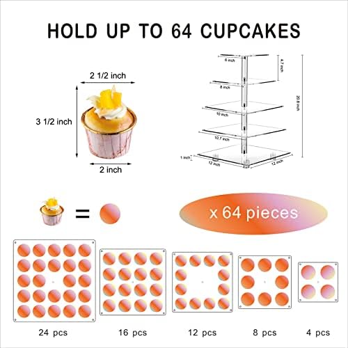 Cupcake Stand, 5-Tier Square Cupcake Holder with LED Light String, Acrylic Cupcake Tower Display-Dessert, alternate view 6