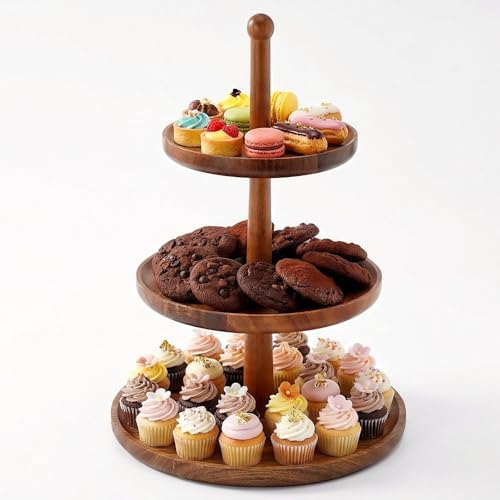 Cupcake Stand Dessert Table Display Set - 2 in 1 Adjustable Height Rustic Natural Acacia Cupcake Holder Round