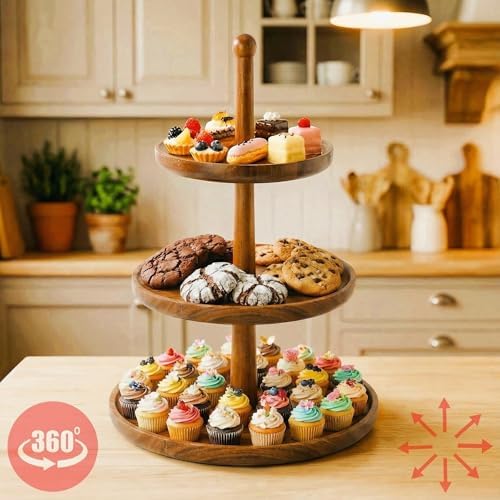 Cupcake Stand Dessert Table Display Set - 2 in 1 Adjustable Height Rustic Natural Acacia Cupcake Holder Round, alternate view