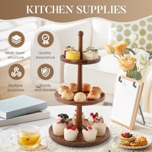 Cupcake Stand Dessert Table Display Set - 2 in 1 Adjustable Height Rustic Natural Acacia Cupcake Holder Round, alternate view