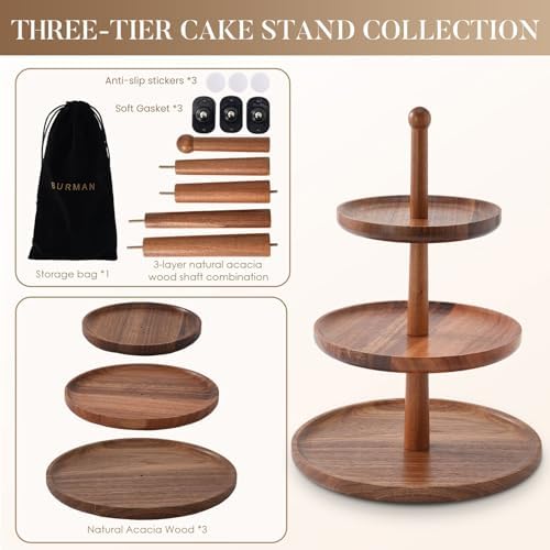 Cupcake Stand Dessert Table Display Set - 2 in 1 Adjustable Height Rustic Natural Acacia Cupcake Holder Round, alternate view