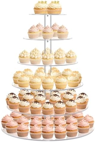 Cupcake Stand for 80 cupcakes, Acrylic, Large, Round, 6 Tier, Easy Assembly, Clear, for Wedding, Birthday