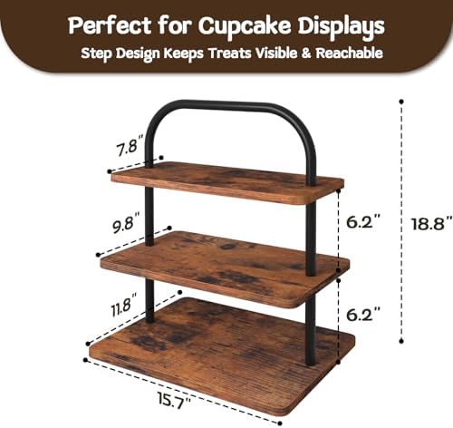 Cupcake Stand, Large 3 Tier Wood Cupcake Tower for 50 Cupcakes in Rustic Brown, alternate view 3