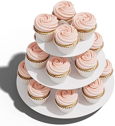 Cupcake Stand Tower, White, 3 Tiered, Cup Cake Stand Cardboard Dessert Holder for Parties (White, 1 Pack) in