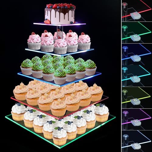Cupcake Stand with Rechargeable Led, 5 Tier Clear Cupcake Holder, 7 Colors Light Cupcake Tower, Acrylic Dessert