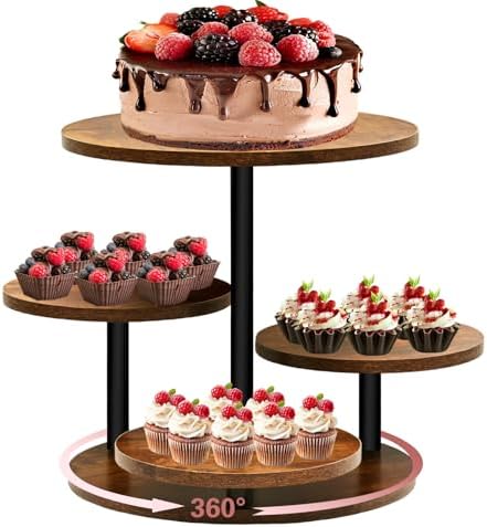 Cupcake Tower Stands for 50 Cupcakes,360° Rotatable Wood Cake Stand in Rustic brown
