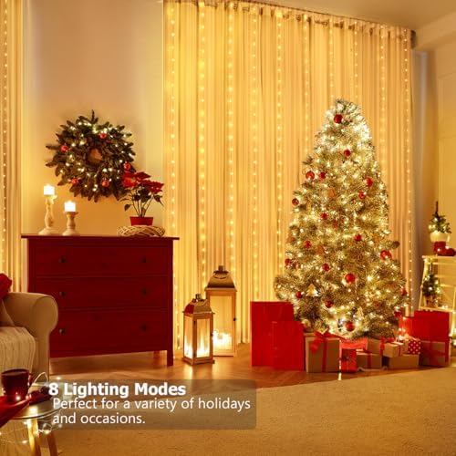Curtain Lights 10ft x 10ft, 300 LED Warm White & Multi Twinkle Fairy String Lights Curtain Waterproof w/Remote &, alternate