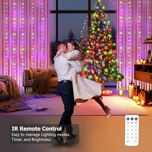 Curtain Lights 10ft x 10ft, 300 LED Warm White & Multi Twinkle Fairy String Lights Curtain Waterproof w/Remote &, alternate