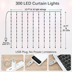 Curtain Lights 10ft x 10ft, 300 LED Warm White & Multi Twinkle Fairy String Lights Curtain Waterproof w/Remote &, alternate