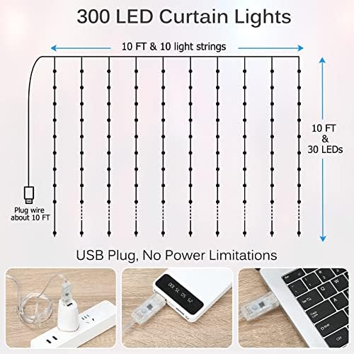 Curtain Lights 10ft x 10ft, 300 LED Warm White & Multi Twinkle Fairy String Lights Curtain Waterproof w/Remote &, alternate