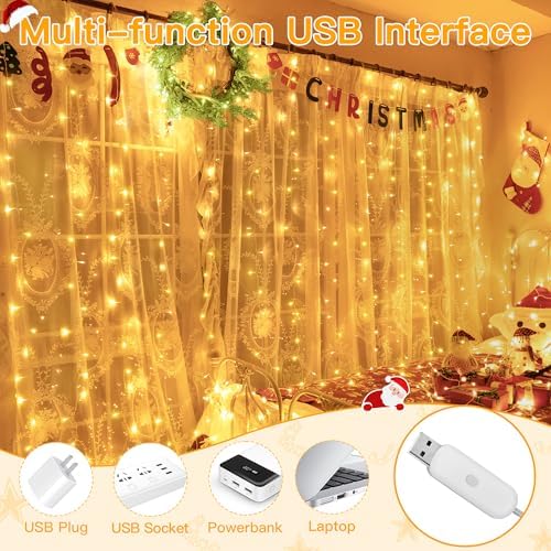 Curtain Lights 6.6x6.6ft, 200 LED String Lights with Remote 8 Modes Dimmable Timer, USB Power Fairy Light for, alternate view