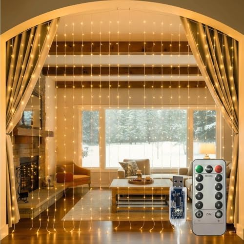 Curtain Lights for Bedroom & Romantic Decor - 300 LED Fairy String Lights with Remote, 8 Modes Timer, USB Plug