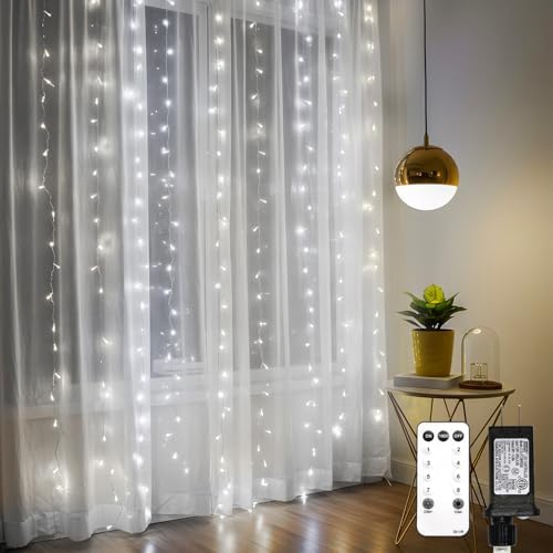 Curtain Lights Outdoor, 300 Led 9.8ft x 9.8ft Hanging String Lights for Bedroom, Window, Wall, Wedding, Party