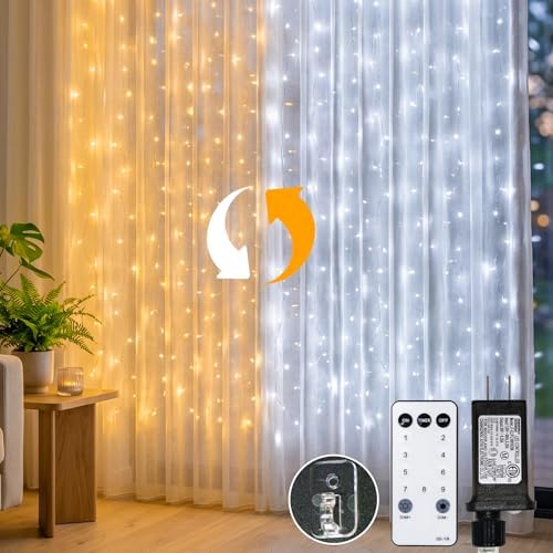 Curtain Lights Outdoor, 450 LED Curtain Lights for Bedroom, Window, Wall, Wedding, Party, Warm White & White in