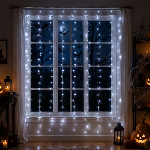 Curtain Lights Plug in, 13FT x 6.5FT Window Icicle Lights, White in White