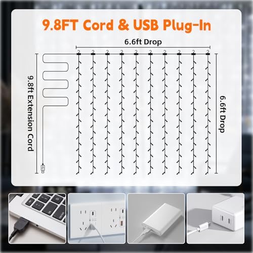 Curtain String Light, 200LED 6.6x6.6ft, Remote & 8 Modes, USB in 6.6x6.6ft, alternate view 5