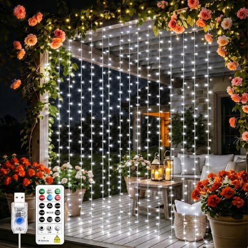 Curtain String Light, 300LED 9.8x9.8ft, Remote & 8 Modes, USB in 9.8x9.8ft