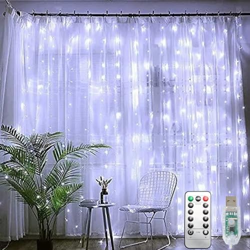 Curtain String Lights, 300 LED Fairy Lights with 8 Light Modes, 9.8x9.8Ft Remote Controlled Plug-in Fairy String