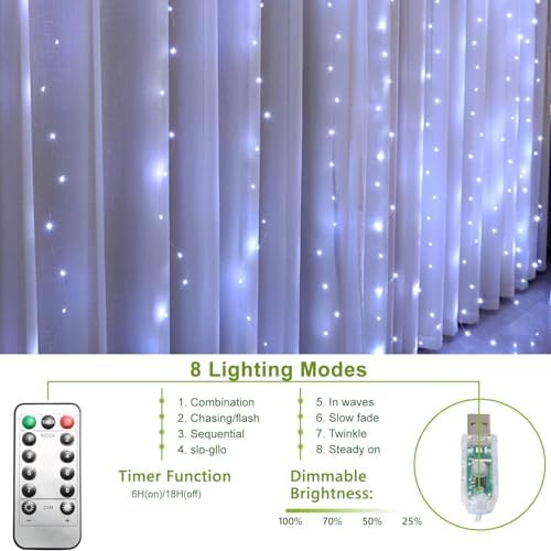 Curtain String Lights, 300 LED Fairy Lights with 8 Light Modes, 9.8x9.8Ft Remote Controlled Plug-in Fairy String, alternate