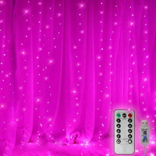 Curtain String Lights Indoor, 300 LED Twinkle Lights with Remote Timer USB Power 8 Modes Pink Fairy Lights for