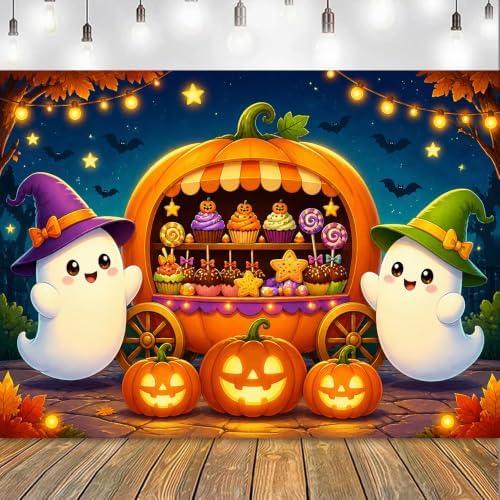 Cute Halloween Ghost Backdrop 8x6ft Kids Trick or Treat Party Photo Banner in 8x6ft in white