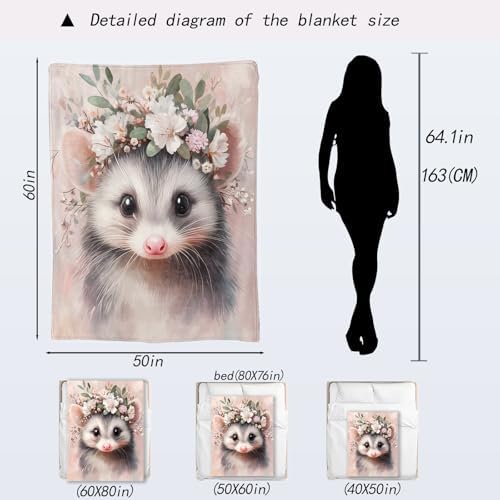 Cute Possum Blanket - Adorable Sweet Opossum Flower Crown Fleece Throw, Gifts for Kids Adult, Soft & Warm, alternate view 2