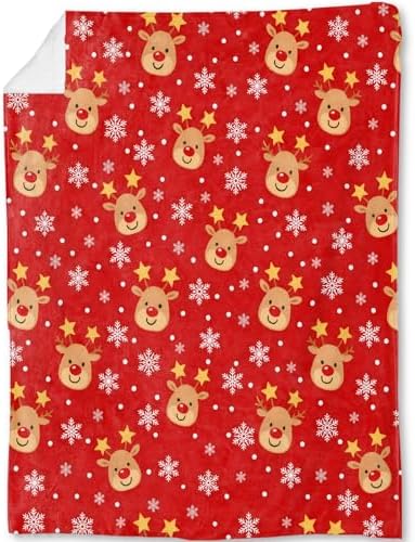 Cute Reindeer Christmas Decorative Throw Blanket, Snowflake Print Decoration, Soft Flannel Winter Red Blankets