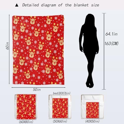 Cute Reindeer Christmas Decorative Throw Blanket, Snowflake Print Decoration, Soft Flannel Winter Red Blankets, alternate