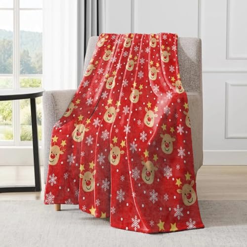 Cute Reindeer Christmas Decorative Throw Blanket, Snowflake Print Decoration, Soft Flannel Winter Red Blankets, alternate