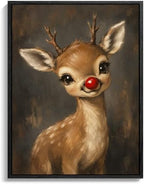 Cute Reindeer Framed Christmas Wall Art, Red Nosed Reindeer Canvas Pictures