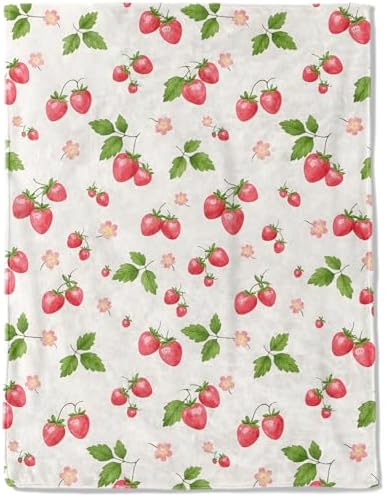 Cute Strawberry Fleece Blanket, Bright Fruit and Leaf Blankets, Soft and Warm Sweet Style Decorative Throws for