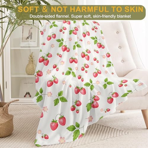 Cute Strawberry Fleece Blanket, Bright Fruit and Leaf Blankets, Soft and Warm Sweet Style Decorative Throws for, alternate
