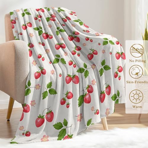 Cute Strawberry Fleece Blanket, Bright Fruit and Leaf Blankets, Soft and Warm Sweet Style Decorative Throws for, alternate