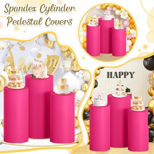 Cylinder Covers Set of 3 Hot Pink Pedestal Cover Round Spandex Pedestal for Parties Plinth Covers Cylinder Cake, alternate