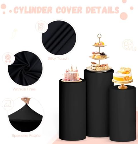 Cylinder Pedestal Stand Covers Set of 3 Black Spandex Cylinder Covers for Parties Cylinder Plinth Stand Cover, alternate view